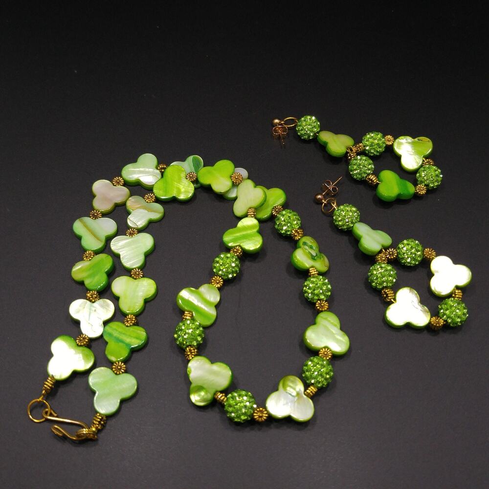 Vintage Green Mother of Pearl Rhinestone Beaded Necklace & Earrings Set